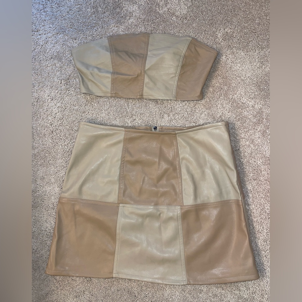 Tan Patchwork Croptop Set Skirt and Pants Motel Rocks